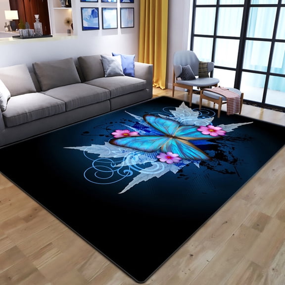 Blue Butterflies Print Area Rug For Teen Girls Room Bedroom, Modern Microfiber Non-Slip Floor Mat Carpet 4' x 5'