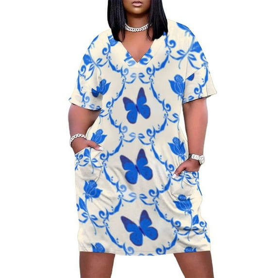 Blue Butterflies Roses Floral Pattern Summer Dresses for Women Beach Boho