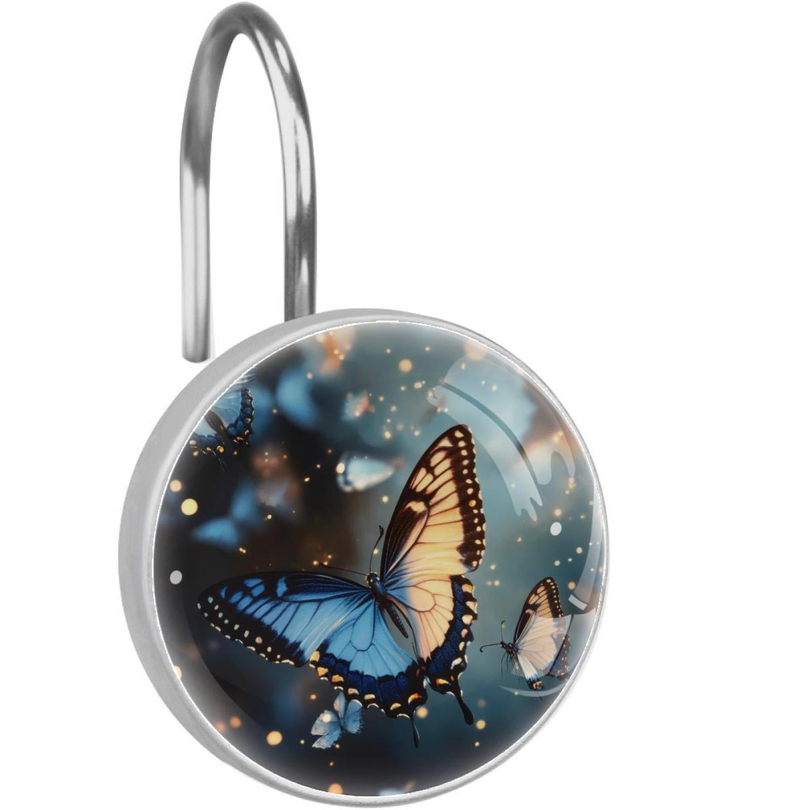 Blue Butterflies Shower Curtain Hooks Round Crystal Glass, Set of 12 Shower Curtain Rings - Shower Hooks for Curtain Shower Rings