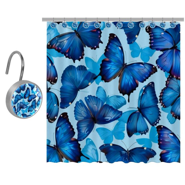 Blue Butterflies Shower Curtain with 12 Hooks, Waterproof Fabric Shower