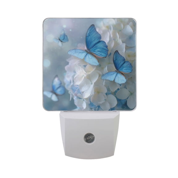 Blue Butterflies Stop on White Flowers LED Night Light Sensor Lamp Plug-in Adjustable Brightness 2 Pack