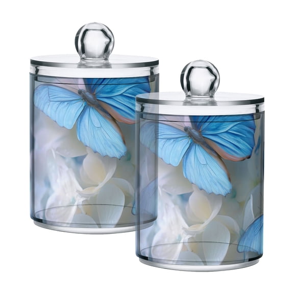 Blue Butterflies Stop on White Flowers Translucent Plastic Cans Storage Canisters with Lid Set of 2