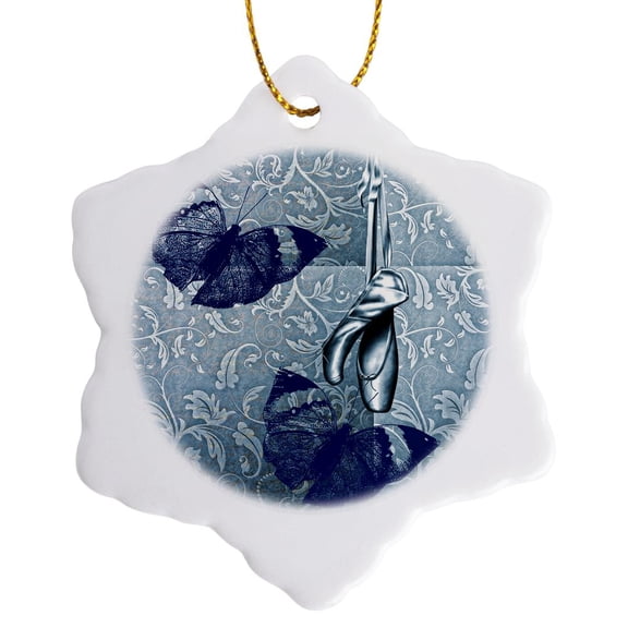 3drose, Blue Butterflies with Ballet Shoes - Dance Art, 3 inch Snowflake Porcelain Ornament