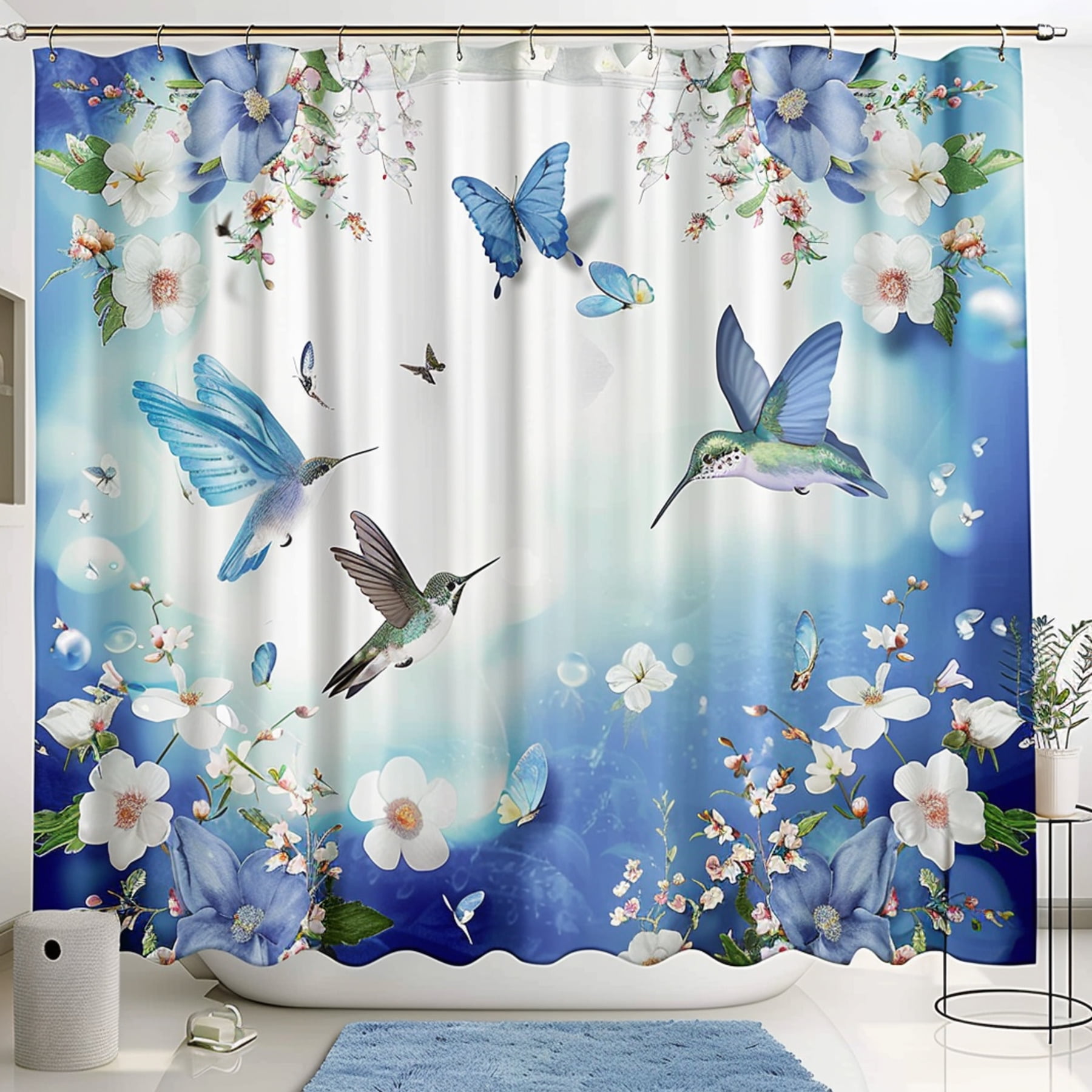 Blue Butterflies and Hummingbirds Shower Curtain Set with White Flowers Bathroom Decor