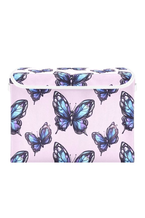 Blue Butterflies on Pink Large Storage Bins with Linen Collapsible Lid Storage Box 16.7 x 12.6 x 11.8in
