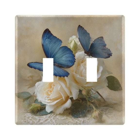 Blue Butterflies on White Roses Retro Light Switch Cover Electrical Outlet Cover Replaceable Wall Plates 2-Gang