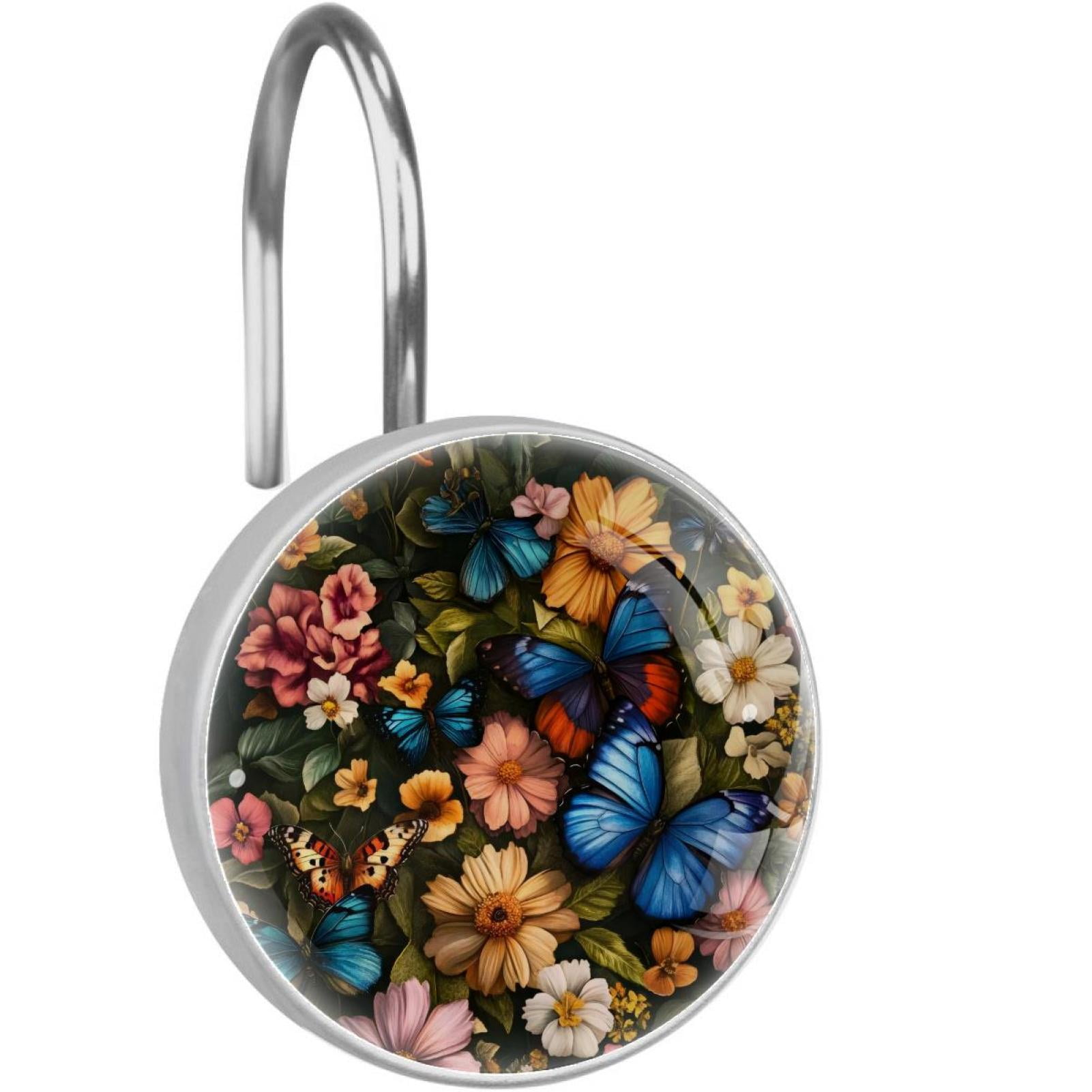 Blue Butterflies on Wildflowers Shower Curtain Hooks Round Crystal Glass, Set of 12 Shower Curtain Rings - Shower Hooks for Curtain Shower Rings
