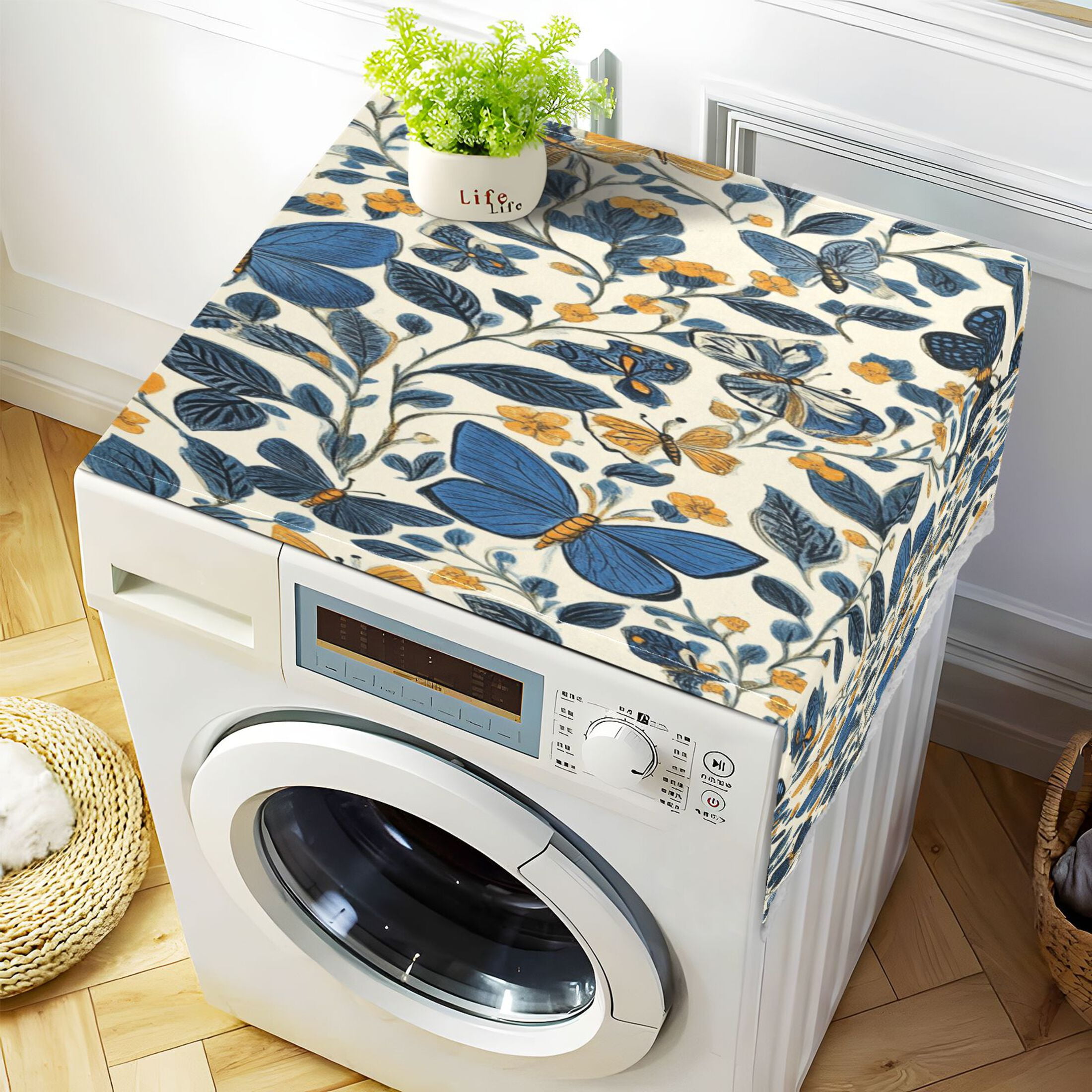 Blue ButterfliesWasher and Dryer Covers Dust-Proof and Oil Resistant Fridge Cover with 4 Storage Pockets Washing Machine Top Cover for Laundry Kitchen Home 51.2 x 22 In