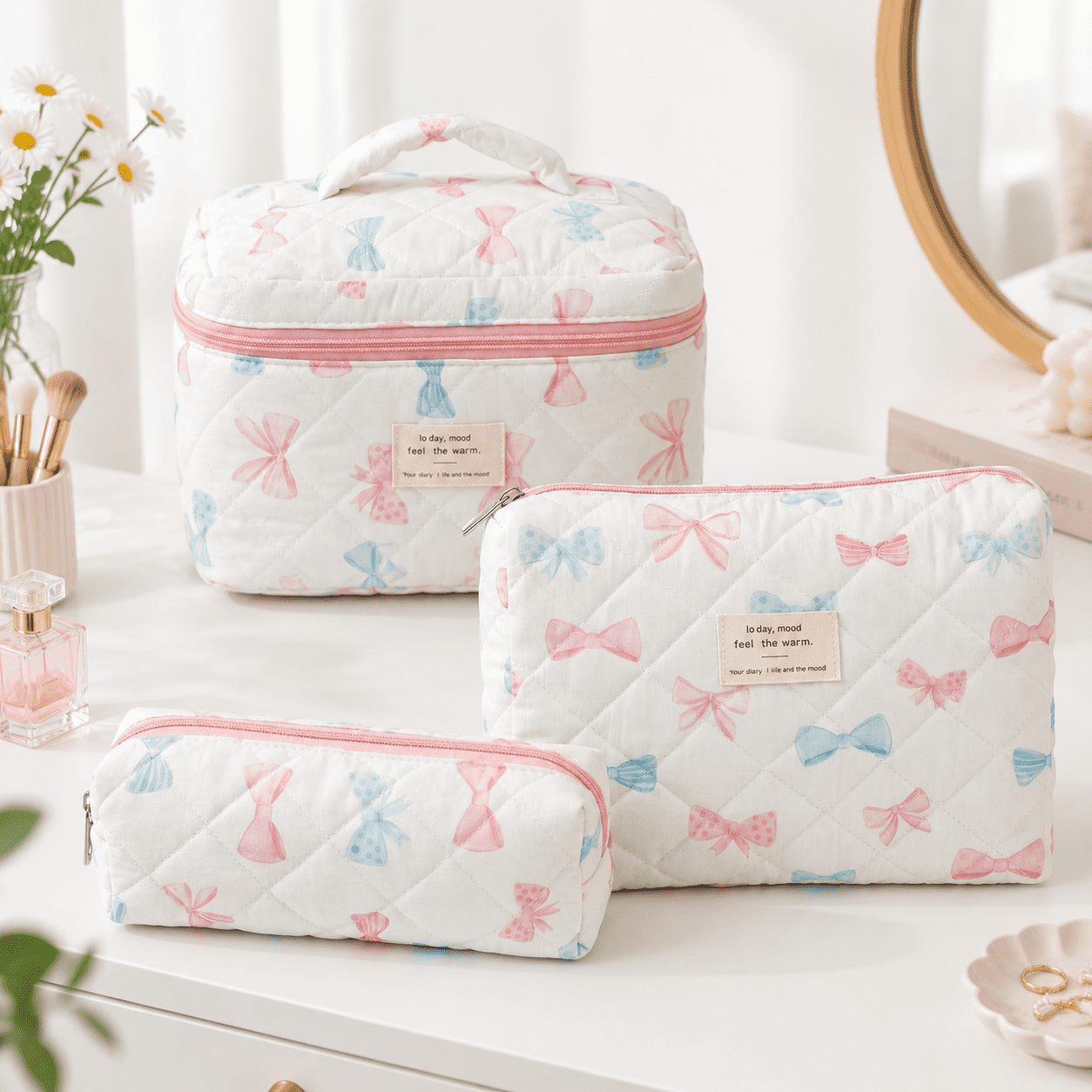Blue Butterfly 3-Piece Quilted Cotton Makeup Bag Travel Storage Set ...