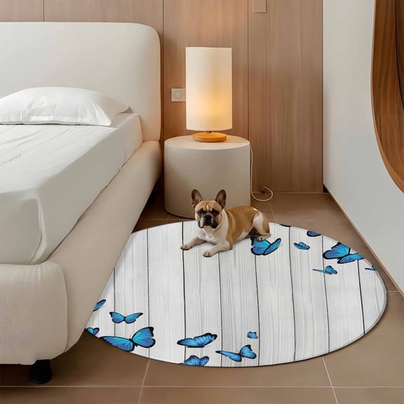 Blue Butterfly 3ft Round Rug for Bathroom Accent Bedside Corner, Retro Farmhouse Vintage Wood Grain Washable Non Slip Circle Area Rug for Small Spaces