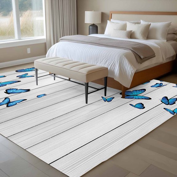 Blue Butterfly 6x9 Rug for Dining Room Table and Chair Setup, Retro Farmhouse Vintage Wood Grain Low Pile Washable Non Slip Rectangle Area Rug