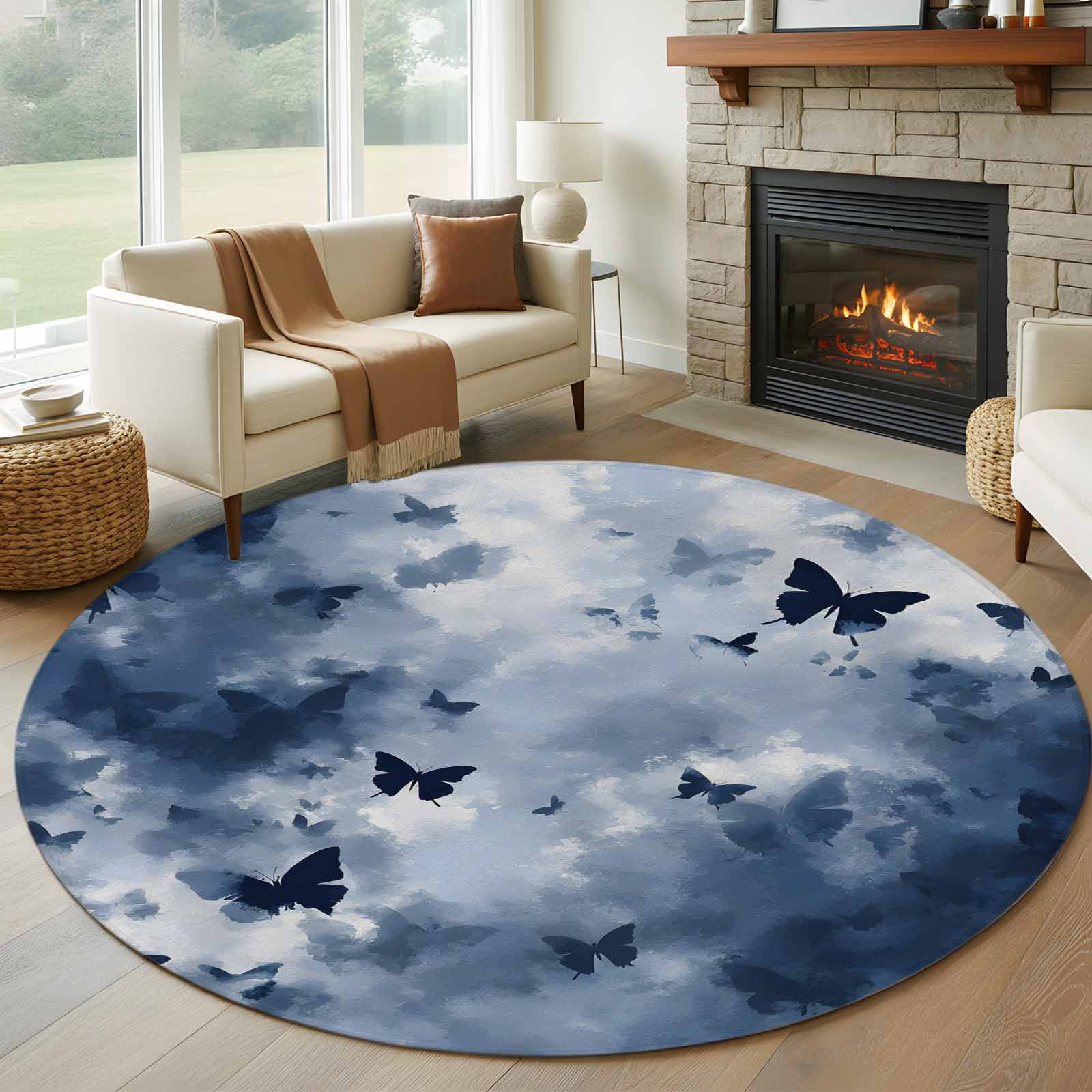 Blue Butterfly 7' Round Rug for Living Room Conversation Area, Foggy ...