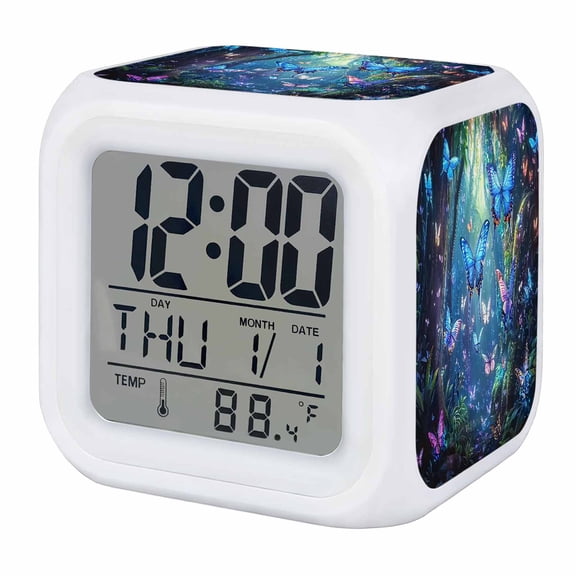 Blue Butterfly Alarm Clock, Dream Flower Forest Tree Plant Nature Digital Clock Night Light with 7 Color, Calendar Temperature Display, LED Desk Small Clock for Bedrooms Bedside Living Room