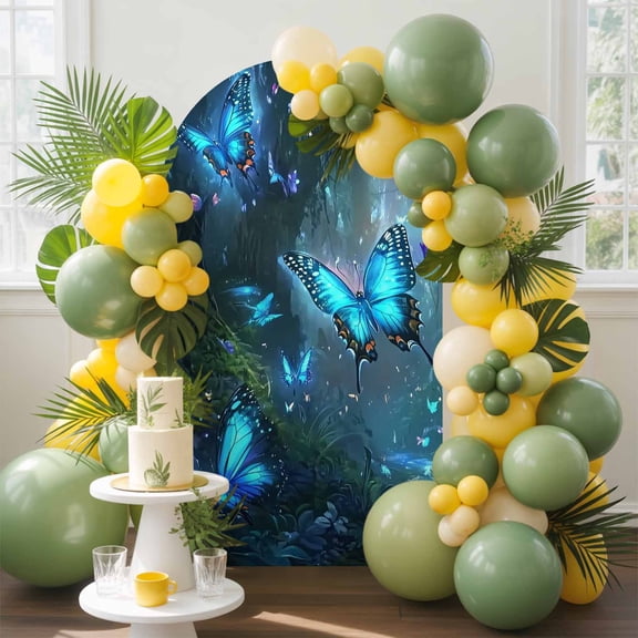 Blue Butterfly Arch Backdrop Cover, 5FT, Shiny Dream Flower Forest Nature Plant Spandex Arch Covers Double-Sided Backdrop for Wedding Birthday Party Photo Background Decoration
