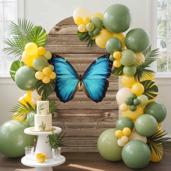 Blue Butterfly Arch Backdrop Cover, 7.2FT, Vintage Brown Wood Grain ...
