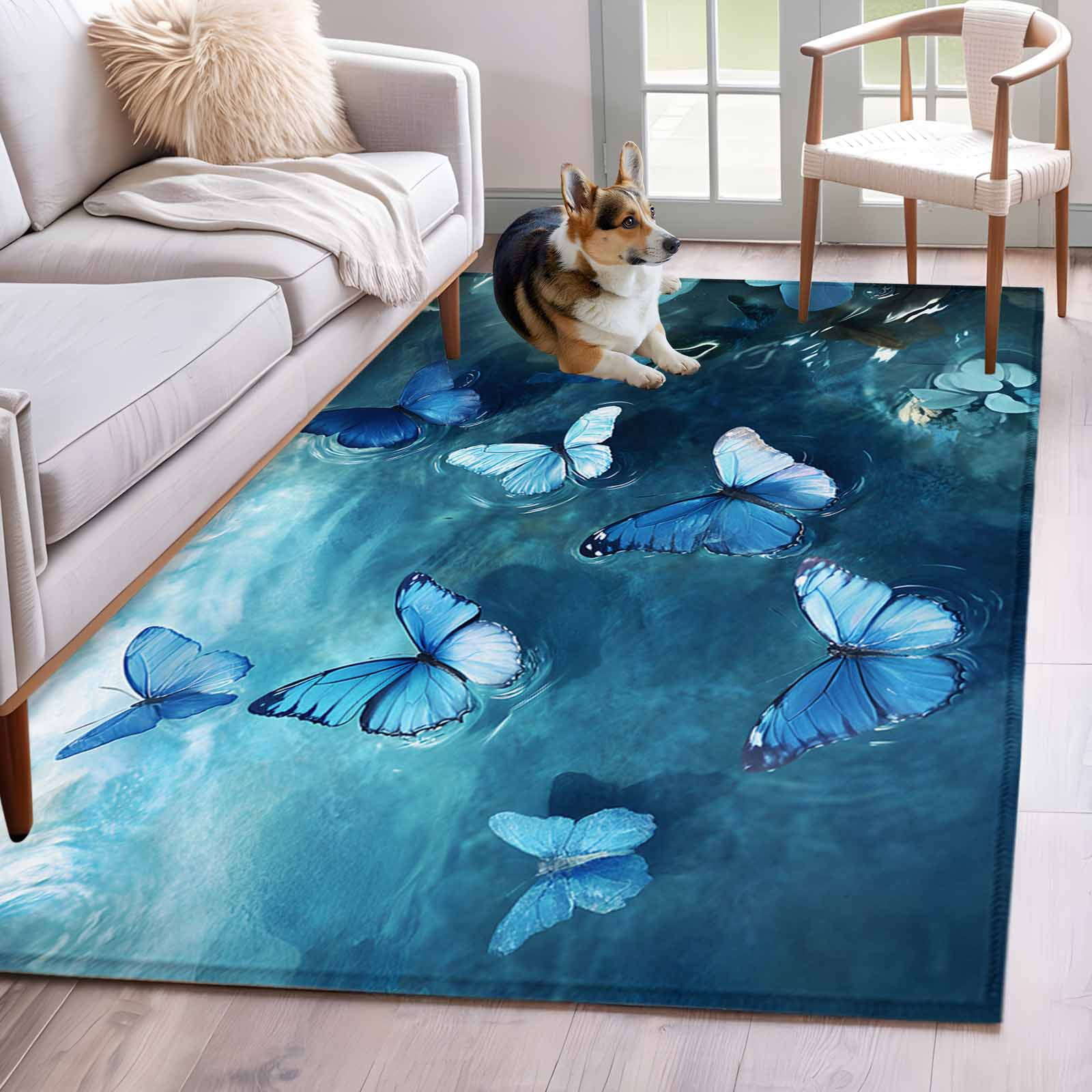 Blue Butterfly Area Rug 4x6 Washable Rug Non Slip Modern Elegant Water ...