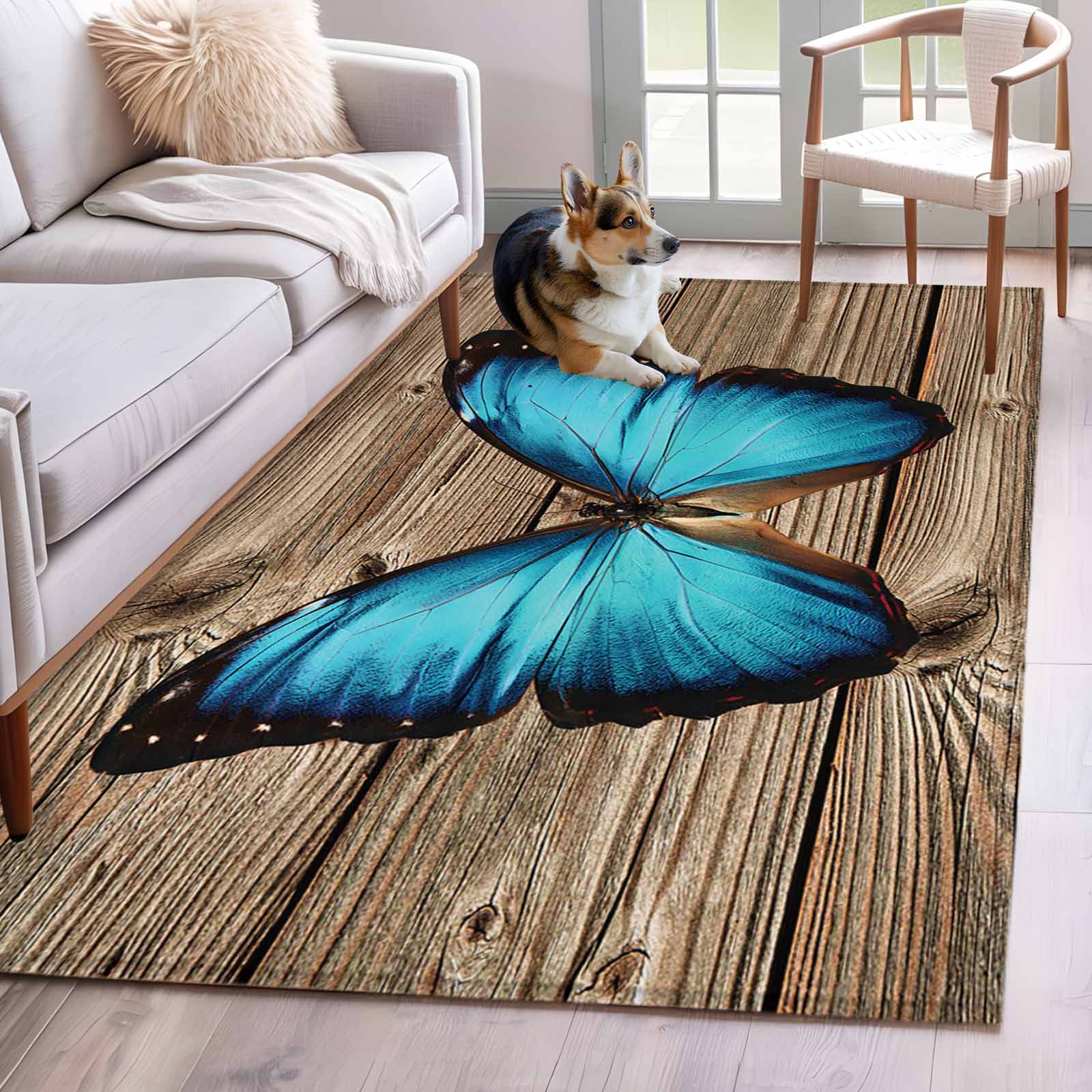 Blue Butterfly Area Rugs 4x6 ft Vintage Brown Wood Grain Retro Bug ...
