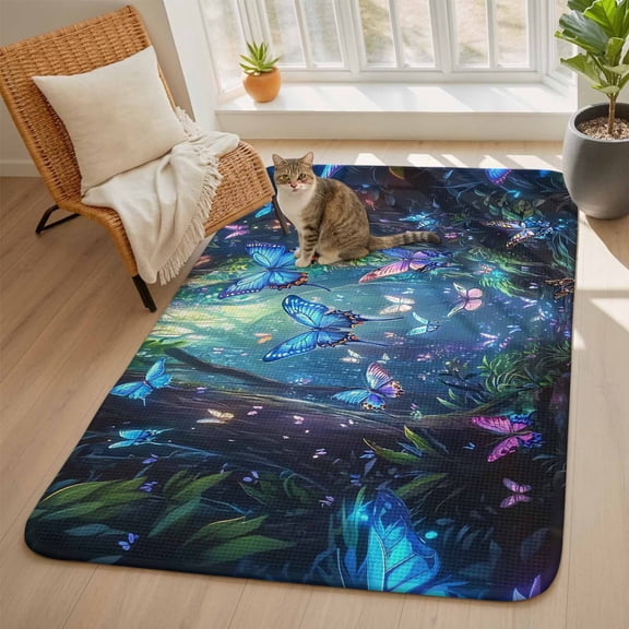 Blue Butterfly Area Rugs for Living Room 5x6, Dream Flower Forest Tree Plant Nature Washable Area Rug with Non Slip Backing, Stain Resist Linen Carpet for Bedroom, Dining Room, Entryway, Entrance