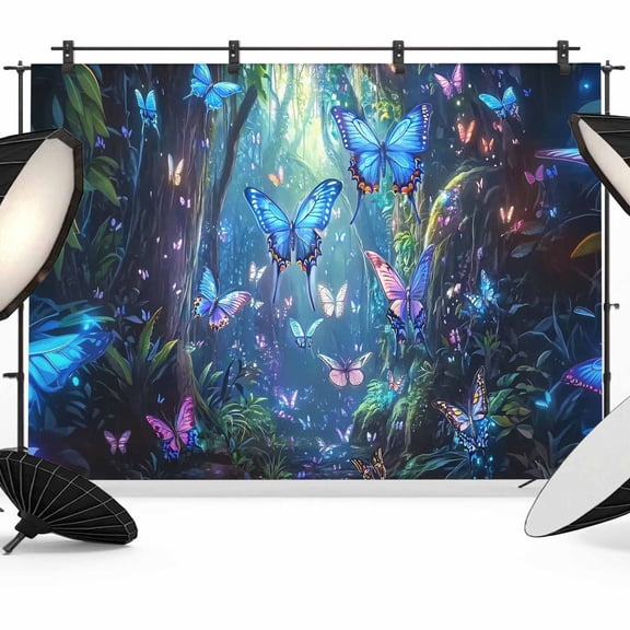 Blue Butterfly Backdrop for Photography, Dream Flower Forest Tree Plant Nature Photo Backdrop Portrait Background Party Banner Photo Backgrounds for Studio Booth Props, 12x8ft