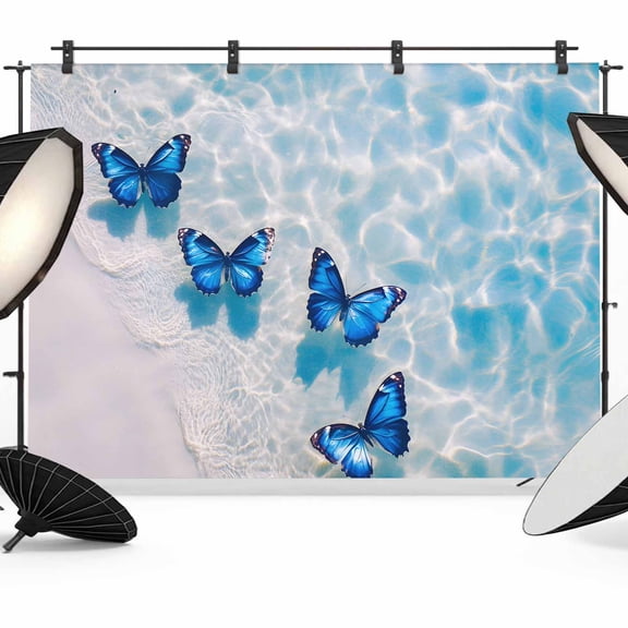 Blue Butterfly Backdrop for Photography, Ocean Water Beach Scenery Photo Backdrop Portrait Background Party Banner Photo Backgrounds for Studio Booth Props, 12x8ft