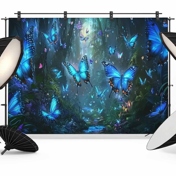 Blue Butterfly Backdrop for Photography, Shiny Dream Flower Forest Nature Plant Photo Backdrop Portrait Background Party Banner Photo Backgrounds for Studio Booth Props, 7x5ft