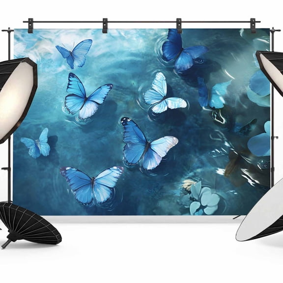 Blue Butterfly Backdrop for Photoshoot, Photography Photo Studio Background Wall Backdrop, Modern Elegant Water Ripples Back Drop Banner Panel for Portraits Wedding Party Live Streaming Decor 12x8Ft