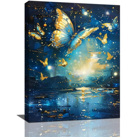Blue Butterfly Bathroom Decor Wall art Butterfly Pictures Canvas Wall Decor Butterfly Print Painting Artwork Home Decorations for Bathroom Bedroom Living Room Kitchen Office Framed 12x16 inch