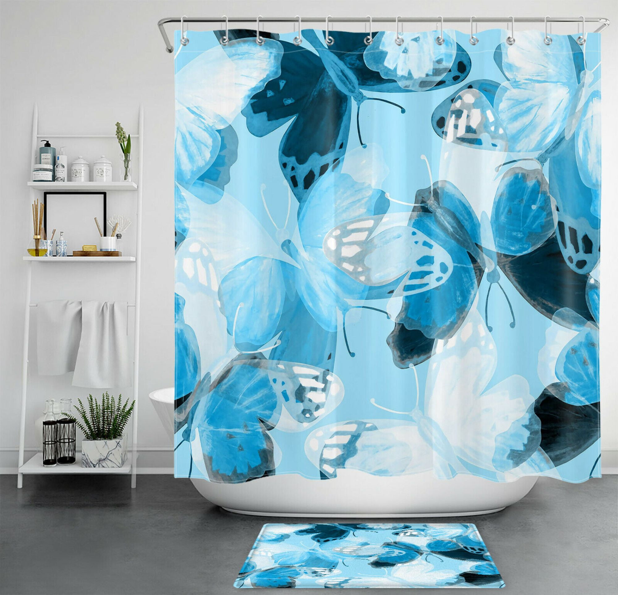 Blue Butterfly Bathroom Set Watercolor Insect Shower Curtain