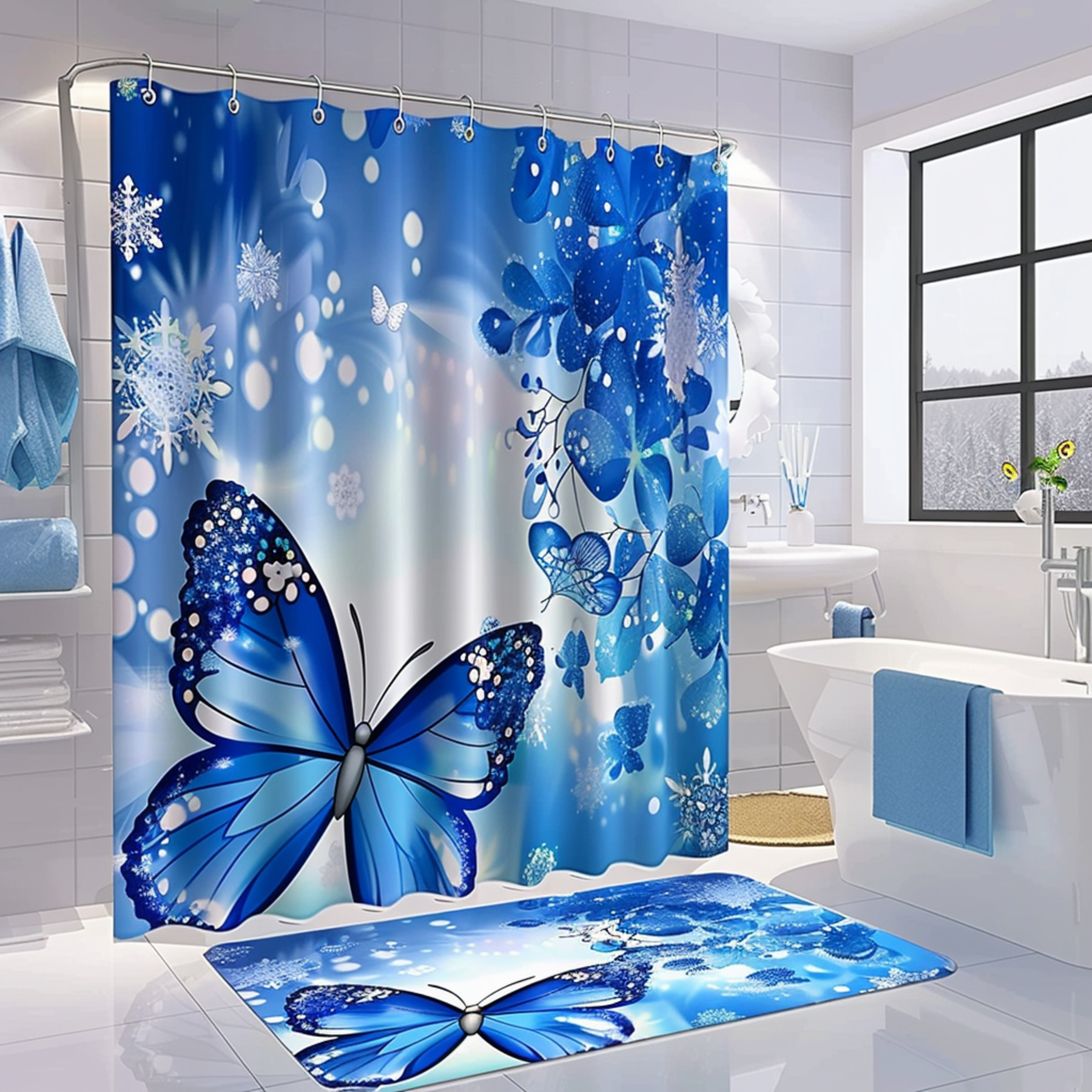 Blue Butterfly Bathroom Set with Shimmering Snowflakes Elegant ...