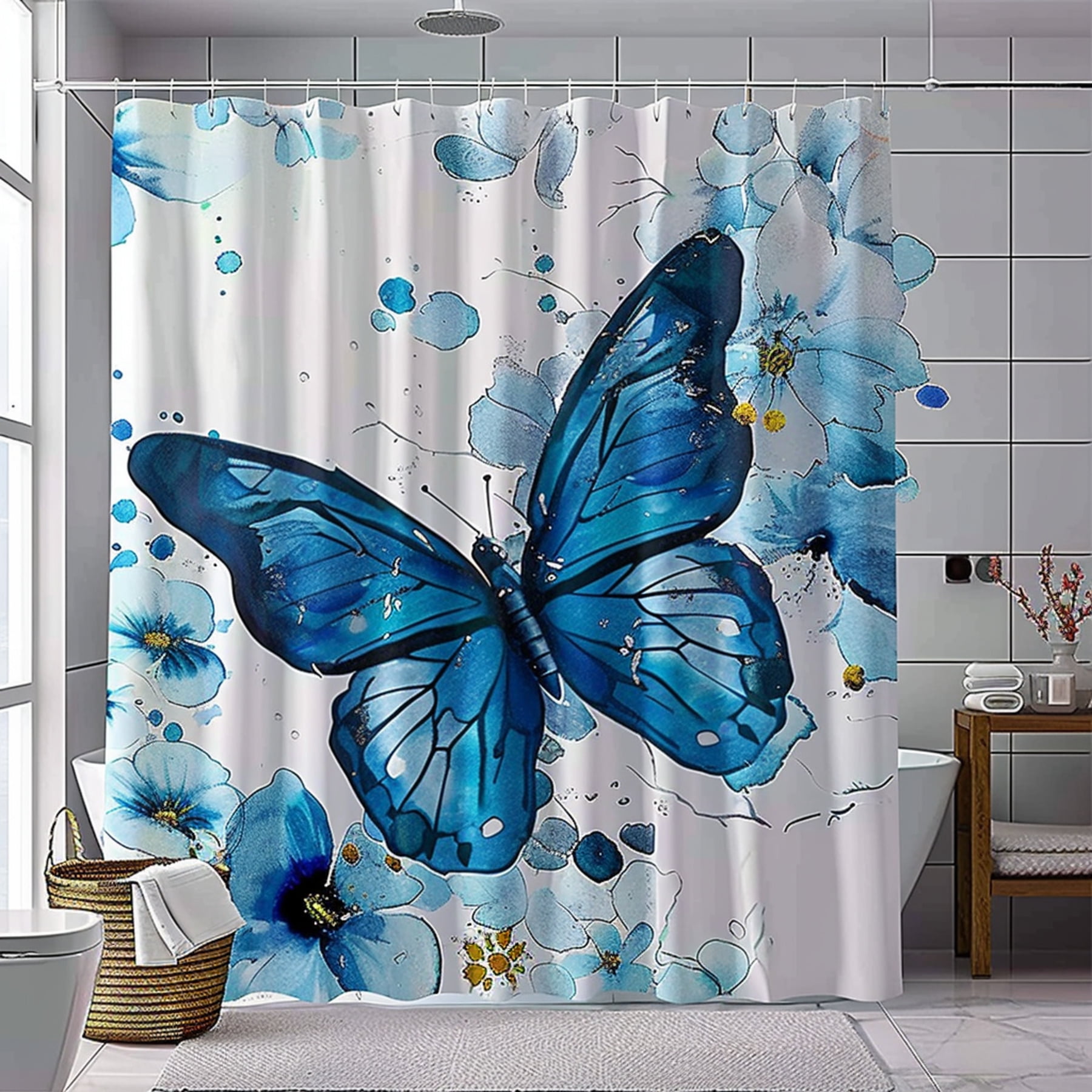 Blue Butterfly Bathroom Shower Curtain with White Background and Flower ...