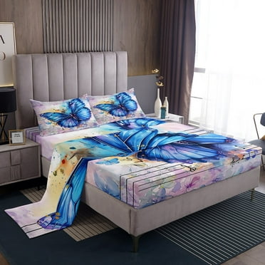 Blue Butterfly Bed Sheets Set for Girls Boys Romantic Themed Sheet Set Twin Music Note Print Fitted Sheet Kids Teens Colorful Marble Tie-Dye Decor Flat Sheet Watercolor Butterfly Bedding Set