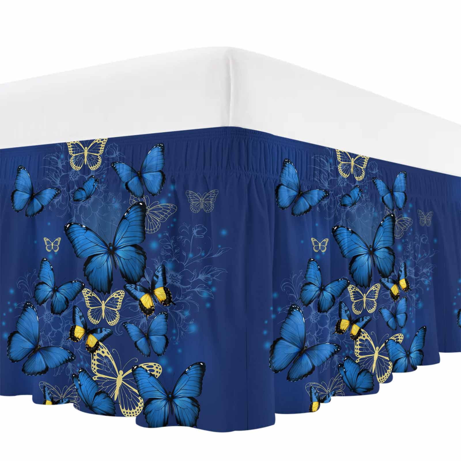 Blue Butterfly Bed Skirt Queen Size, Farmhouse Modern Nature Animals Art Wrap Around Bed Skirting with Adjustable Elastic Strap, Dust Ruffle Pleated Bedskirts 16 Inch Drop for Bedroom Queen Beds