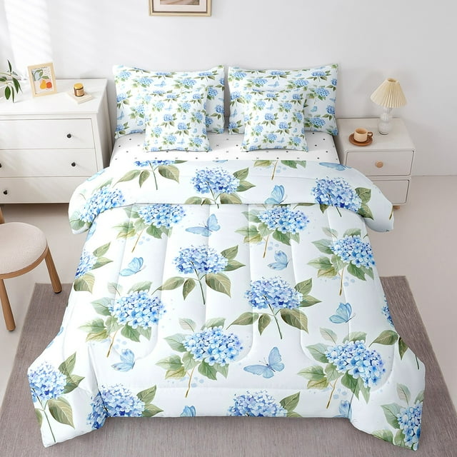 Blue Butterfly Bedding Queen Size 7pcs Chic Hydrangea Blossoms