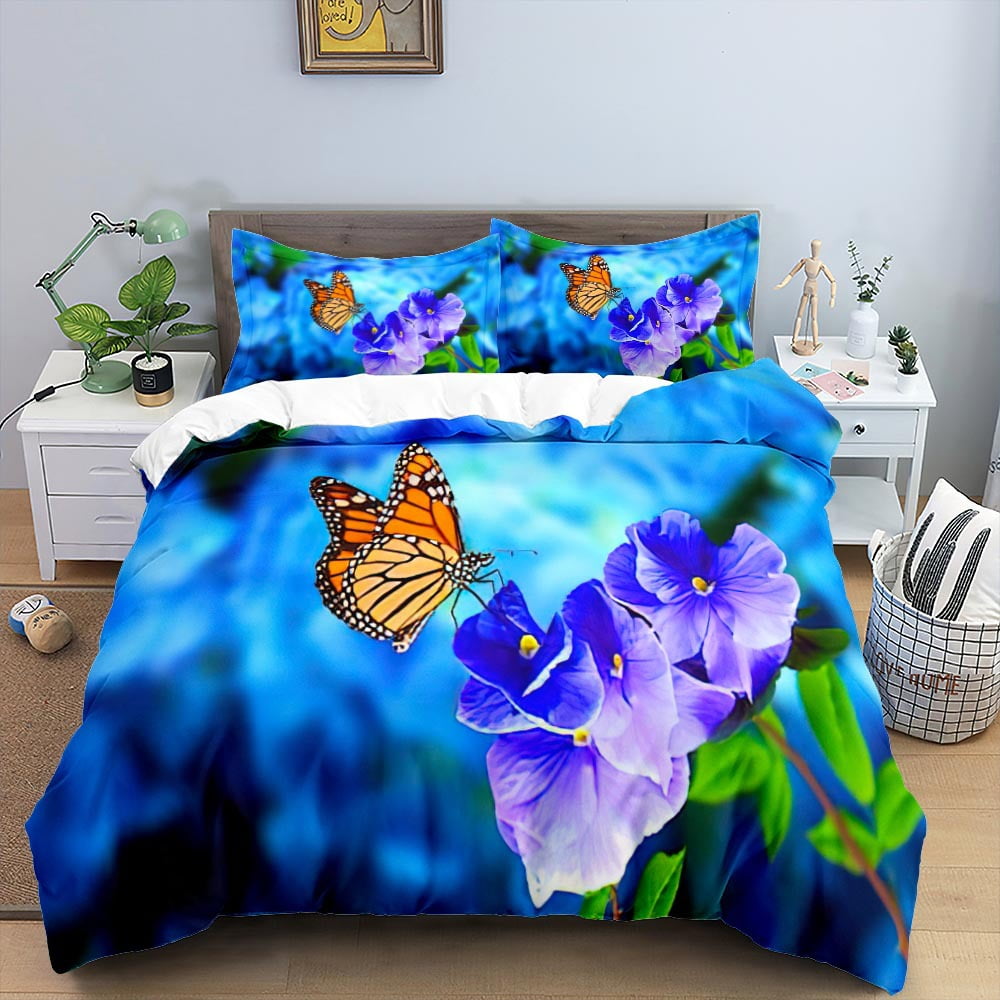 Blue Butterfly Bedding Set for Girls, Butterflies Bedding Boho Floral Comforter Cover Decor for