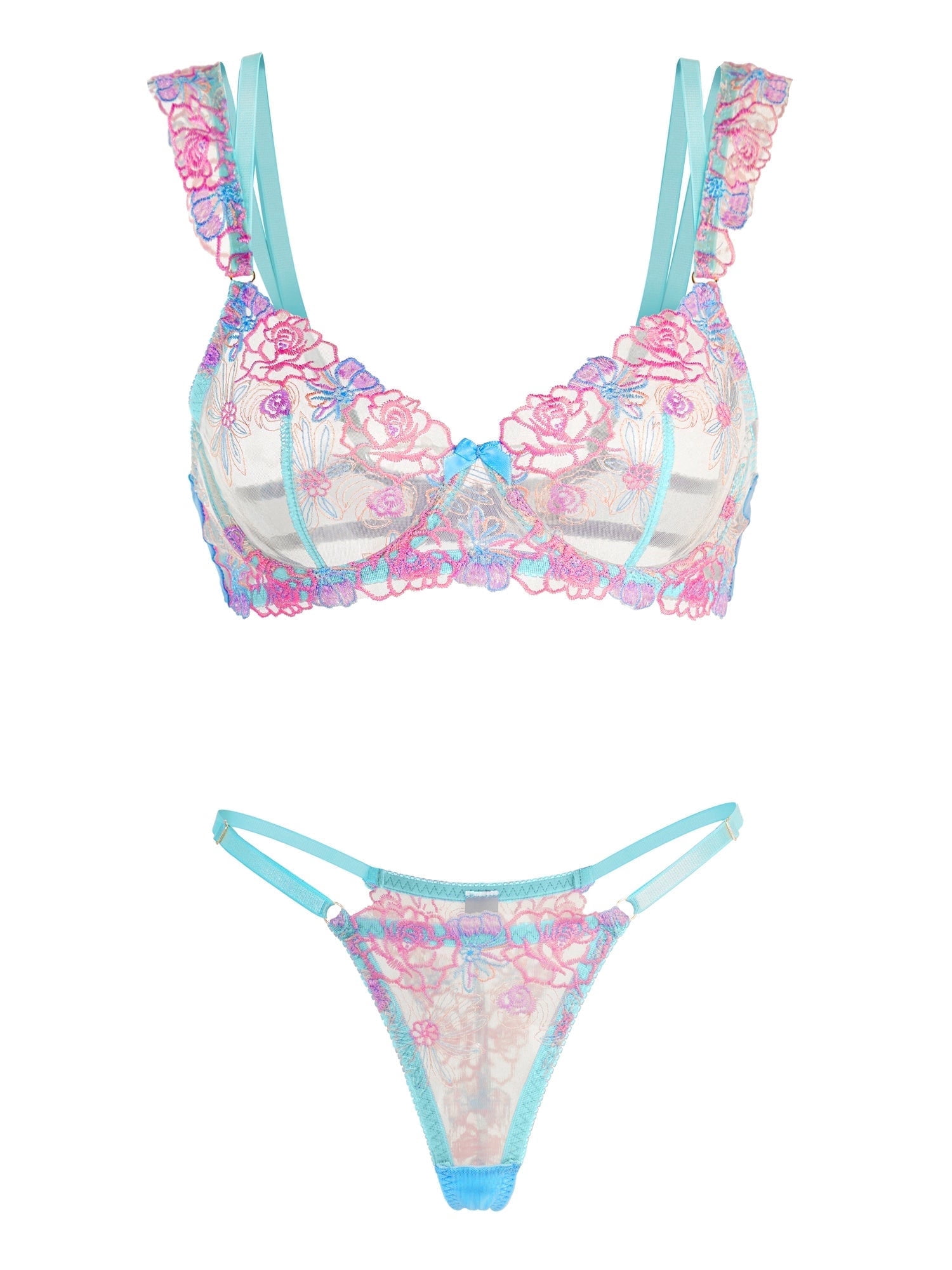 Blue Butterfly Bow Colorful Embroidered Flower Lingerie Set (BLUE, S)