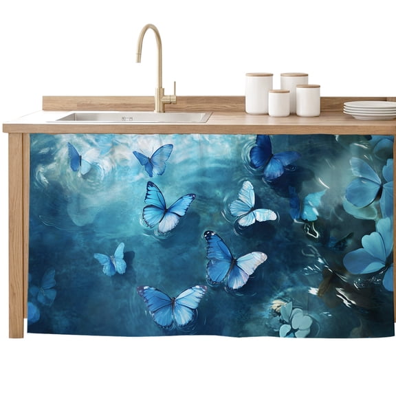 Blue Butterfly Cabinet Curtains 28"W x 51"L, Dustproof Sink Skirt Curtain for Kitchen Bathroom, Modern Elegant Water Ripples Adhesive Desk Skirt Privacy Curtains for Pantry Classroom Office Closet