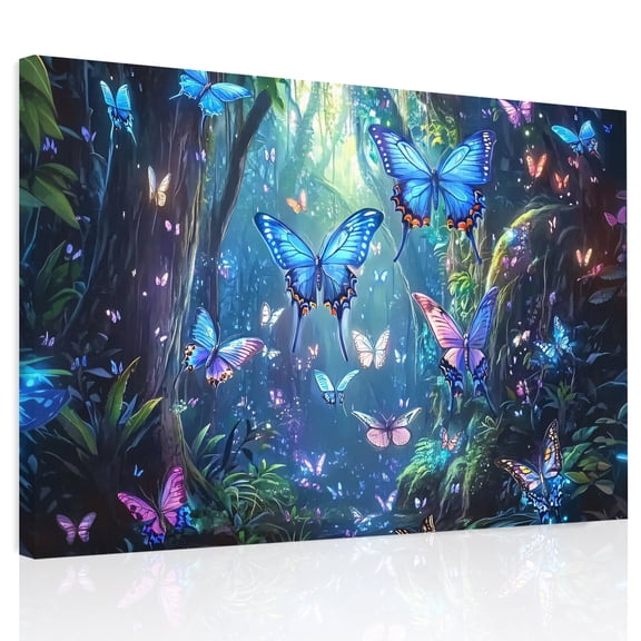 Blue Butterfly Canvas Print Wall Art, Dream Flower Forest Tree Plant Nature Wall Decor Modern Artwork Paintings Pictures for Living Room Framed and Stretched Ready to Hang, 12" x 16"