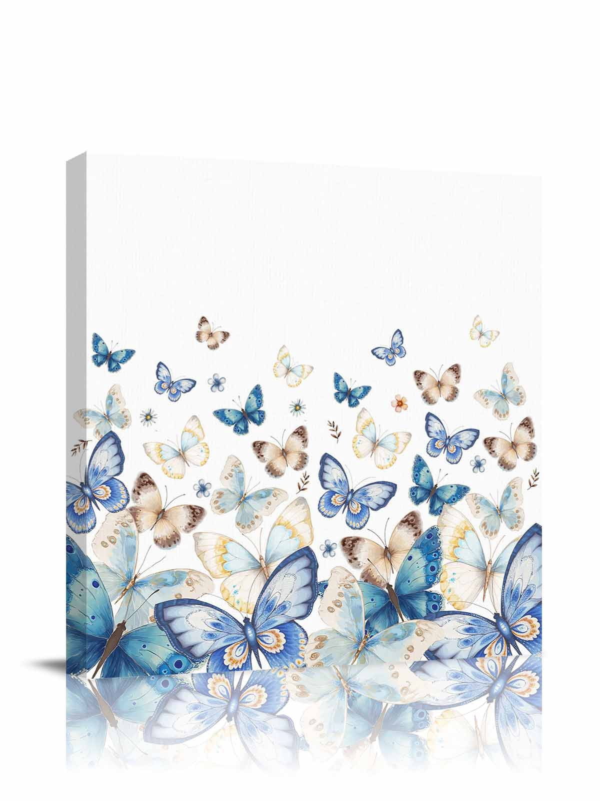 Blue Butterfly Canvas Wall Art, Farmhouse Floral Framed Wall Decor Modern Artwork Prints Painting for Living Room, Bedroom, Kitchen & Cafe Decor 28x28 Inch
