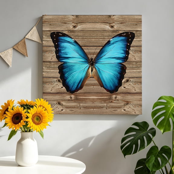 Blue Butterfly Canvas Wall Art, Vintage Brown Wood Grain Retro Bug Pictures Wall Decor Wooden Framed Artwork Art Prints for Living Room Hallway Bedroom Office 8"x8"