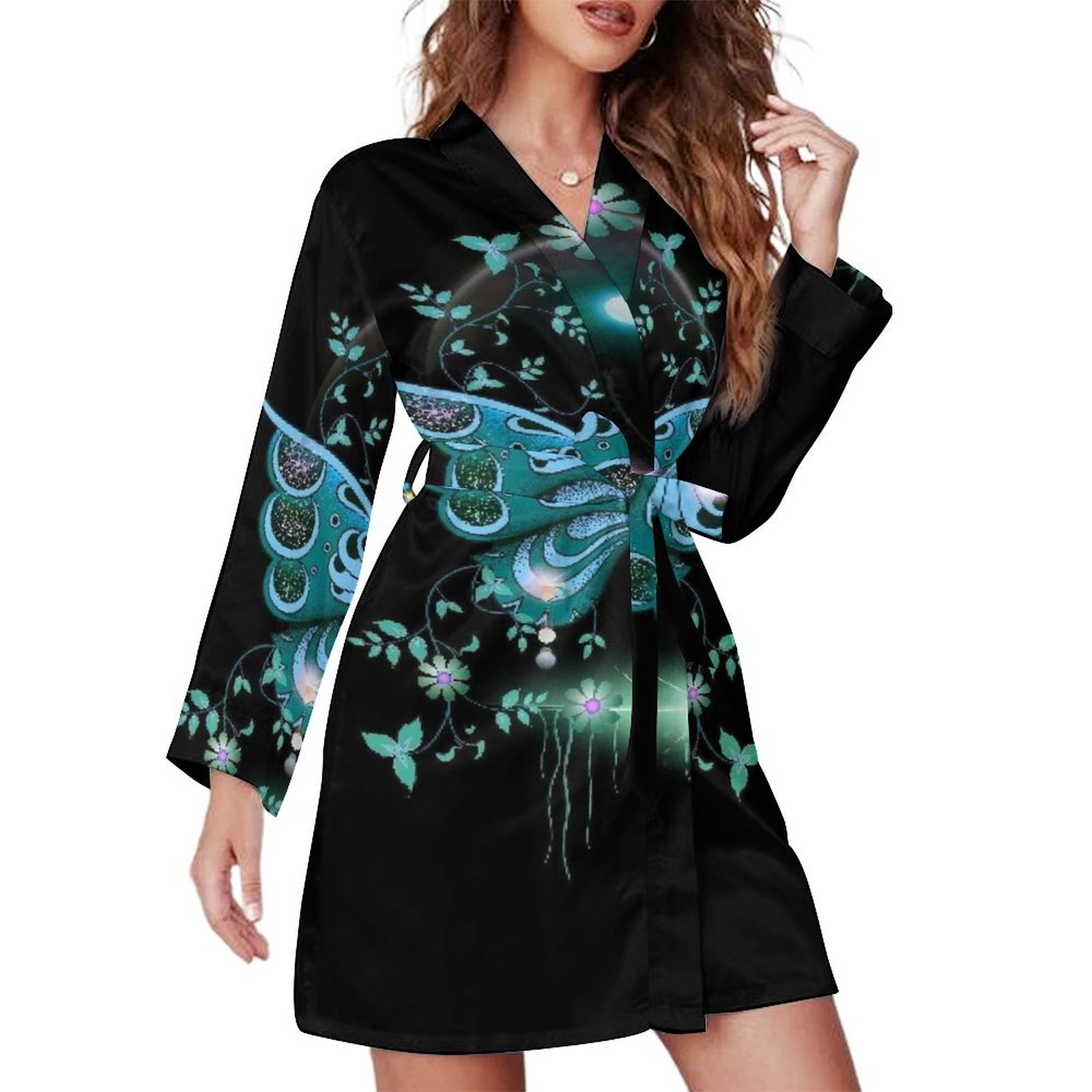 Blue Butterfly Checkerboard Night Robe Long Sleeve V Neck Robe With ...