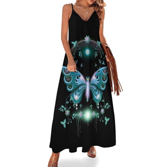 Blue Butterfly Checkerboard Sleeveless Suspender Dress Summer Fashion Casual Long Dress