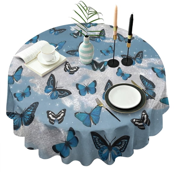 Blue Butterfly Cloud Pattern Round Tablecloth 60"x60",Wrinkle Wipeable Table Cloth for Kitchen Dining Room Picnic Patio Party