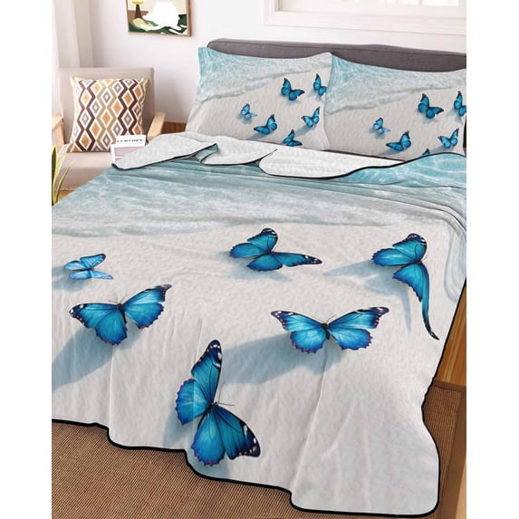 Blue Butterfly Coastal King Size Down Alternative Comforter, Lightweight Comforter Quilt Bedding Set with Pillow Shams Summer Beach Ocean Nautical All Seasons Bed Comforter Duvet Insert 96"x106"