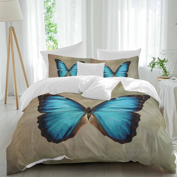 Blue Butterfly Comforter Set Full Size, Vintage Brown Retro Bug Farm Soft Bedding Set for Man Woman, 4 Pieces Duvet Cover Set with Fitted Sheet, 2 Pillowcases