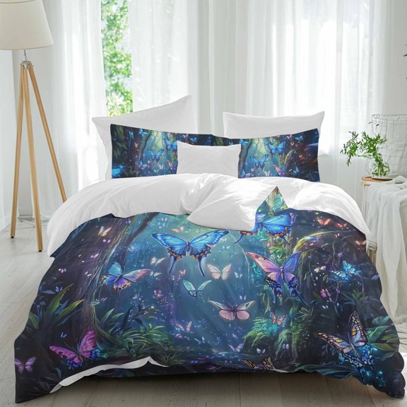 Blue Butterfly Comforter Set Queen Size, Dream Flower Forest Tree Plant Nature Soft Bedding Set for Man Woman, 4 Pieces Duvet Cover Set with Fitted Sheet, 2 Pillowcases