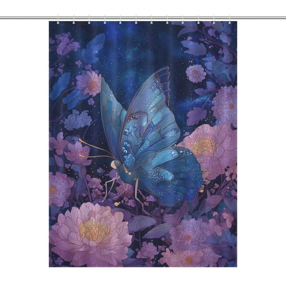 Blue Butterfly Cosmic Flower Garden Shower Curtain , Enchanted Forest Scenic Bathroom Decor Sets, Waterproof Fabric with Hooks