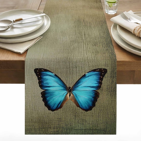 Blue Butterfly Cotton Linen Table Runner Vintage Brown Retro Bug Farm Dining Table Runners for Home Decor Party Dining Room Restaurant Kitchen 13" x 36"
