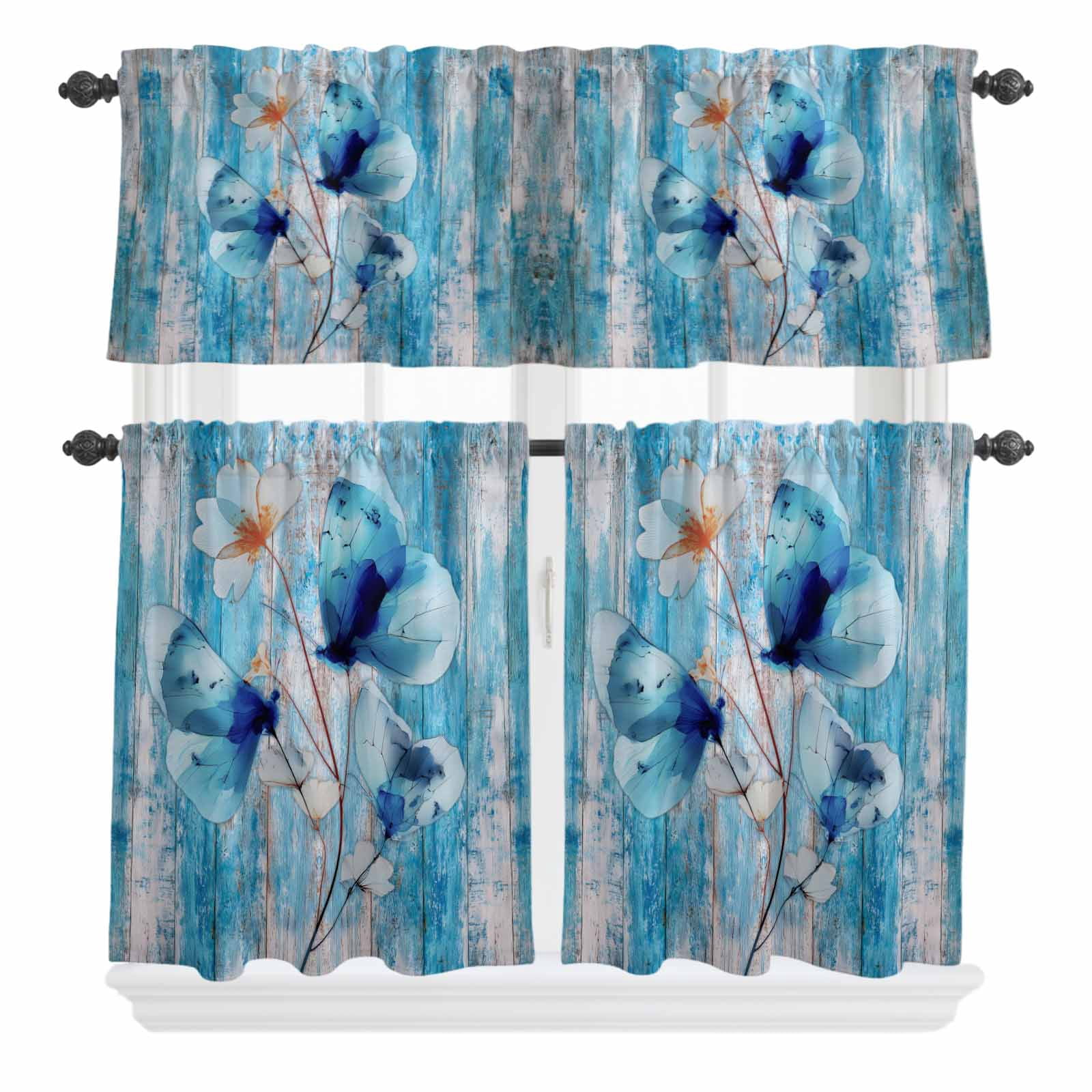 Blue Butterfly Curtain Valances Set Watercolor White Flowers Wood ...