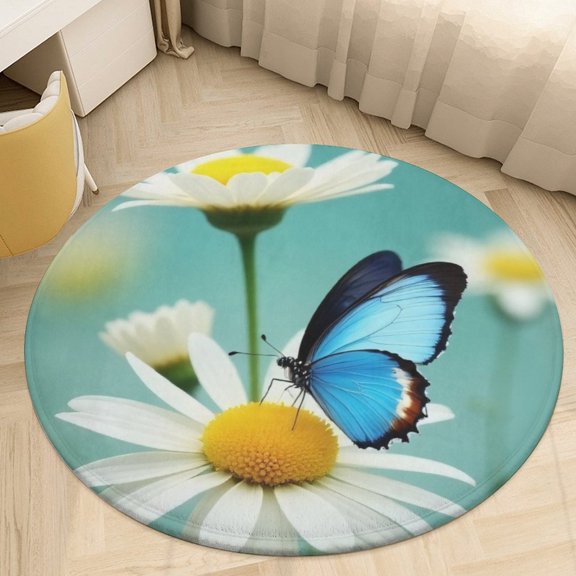 Blue Butterfly Daisy Print-1 Round Area Rugs for Bedroom Living Room, 4FT Soft Comfy Indoor Circle Carpets, Floor Mat