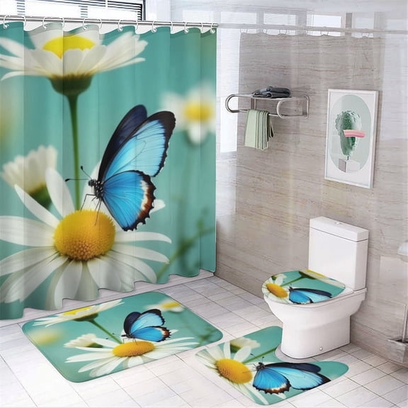 Blue Butterfly Daisy Print-1 Shower Curtain Sets Non-Slip Rugs Bath Mat Toilet Cover U Shaped Mat 4 Pcs